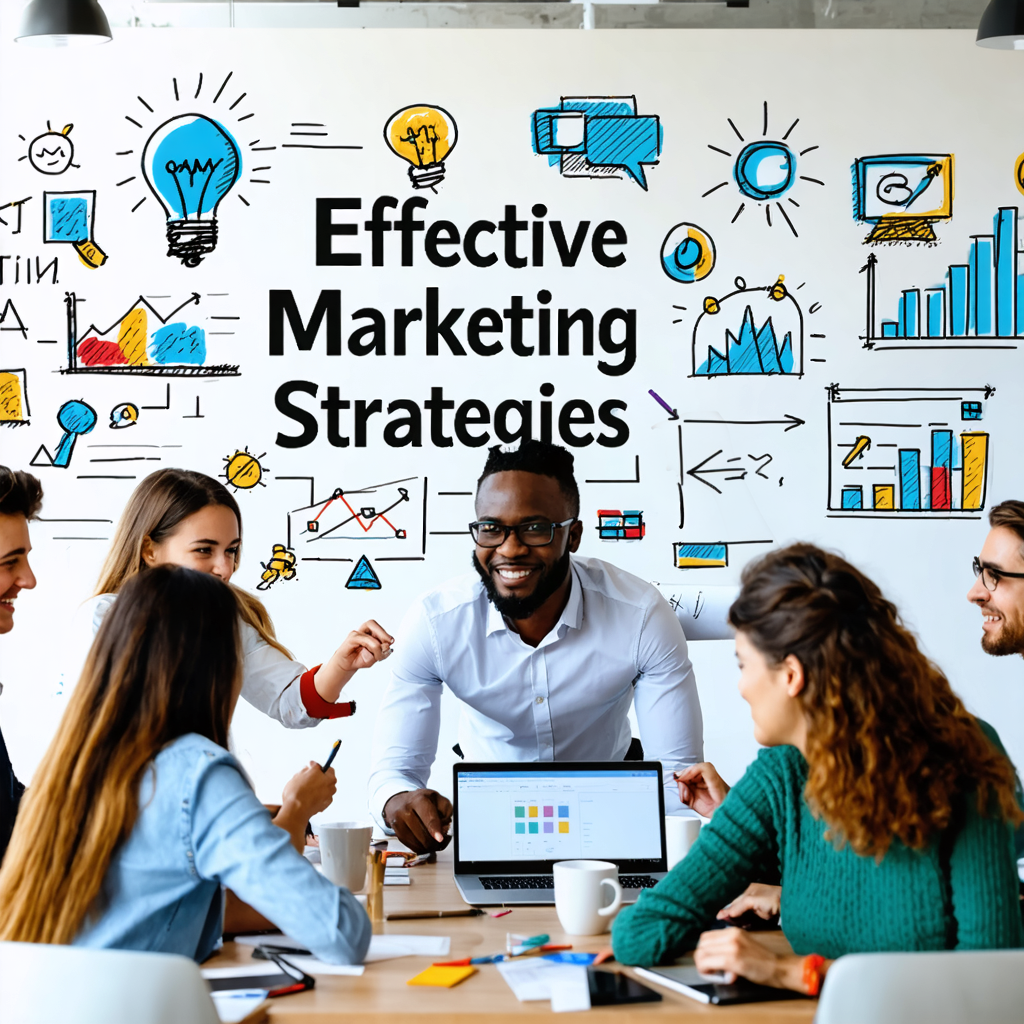 A group of office workers sitting around a table discussing effective marketing strategies with various graphs shown on a large white board on the wall behind them