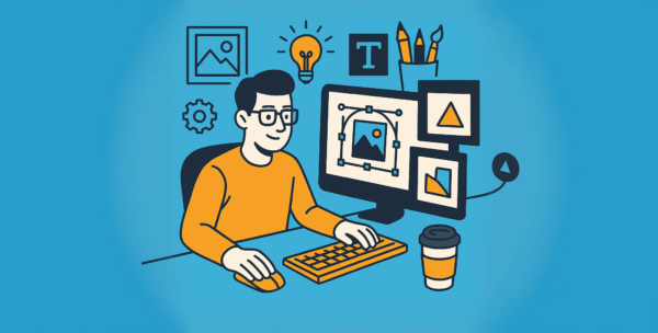 Illustration of a man at a computer creating images
