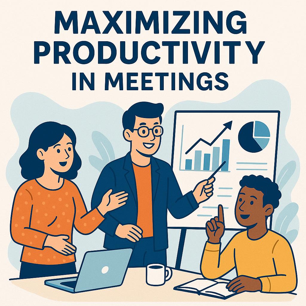 A drawing of three office workers in a meeting seated around a table with one presenting