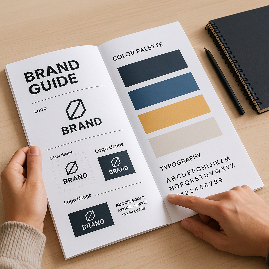 An image of an example brand guide open to a middle page with a finger pointing to the typography section