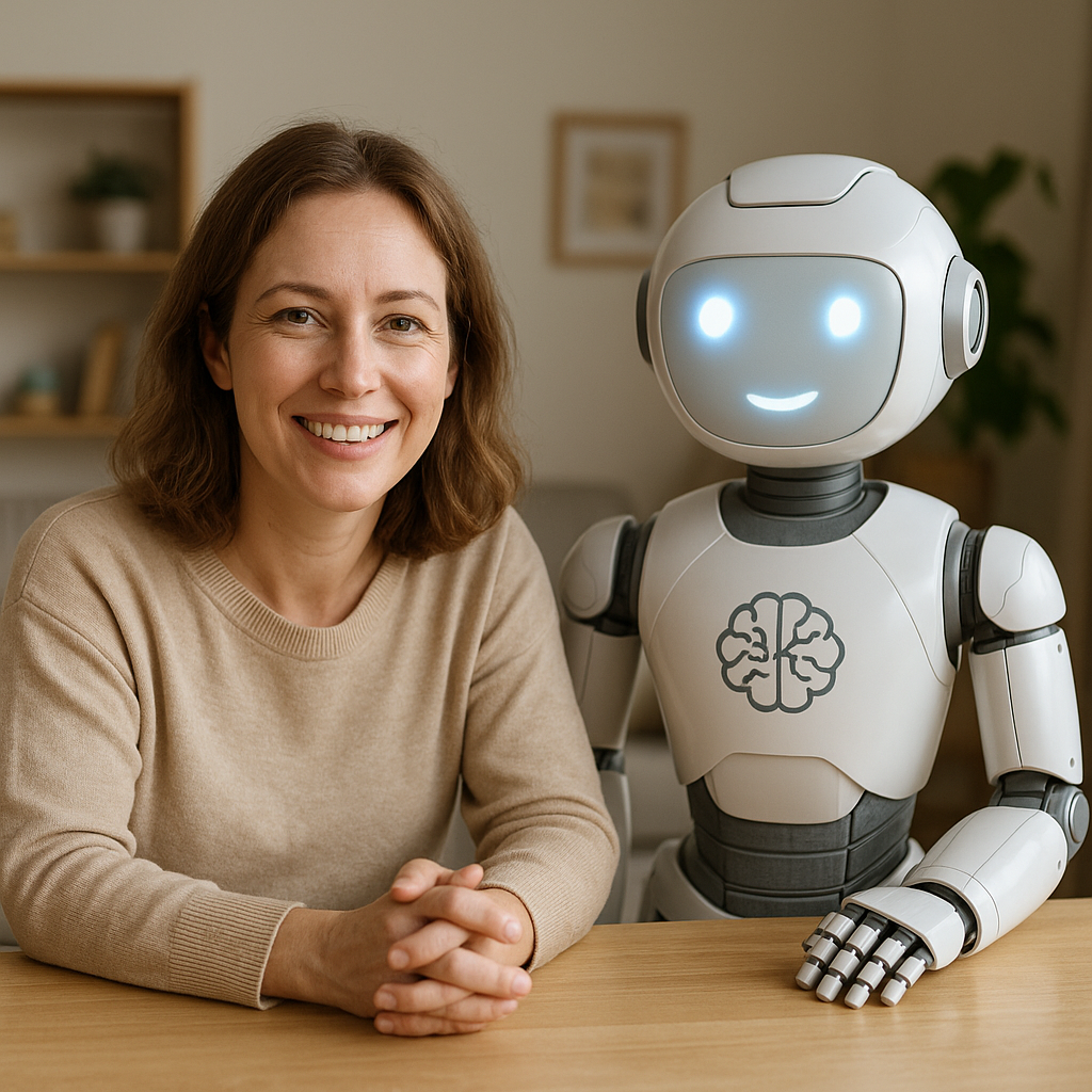 A smiling woman seated at a desk next to a humanoid robot representing her AI companion