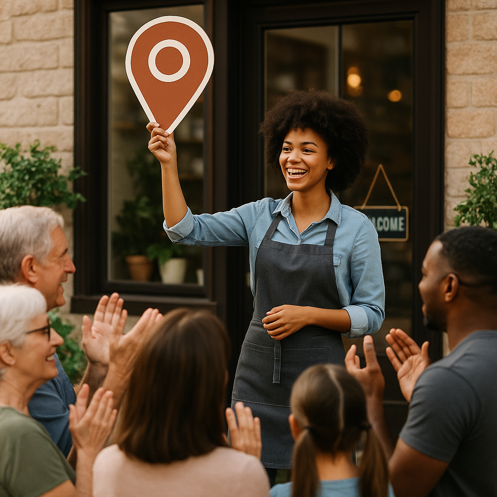 A small business owner holding up a map location pin, while a small crowd in front of her applauds. The image shows the importance of marketing to your local customers.