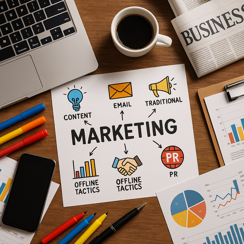 A collage of various creative marketing tools on a desk including a laptop, coffee, business journal, cellphone, colored pens, and a colored poster showing that marketing includes content, email, traditional and offline tactics, and PR