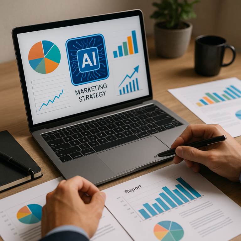 A man sitting in front of his laptop, with the image showing only his hands, and with AI Marketing Strategy prominently displayed on the screen
