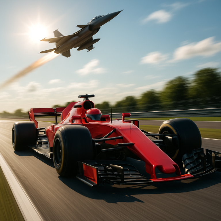 A red race car is show speeding along a track while a fighter jet flies overhead, both symbolically representing high performance