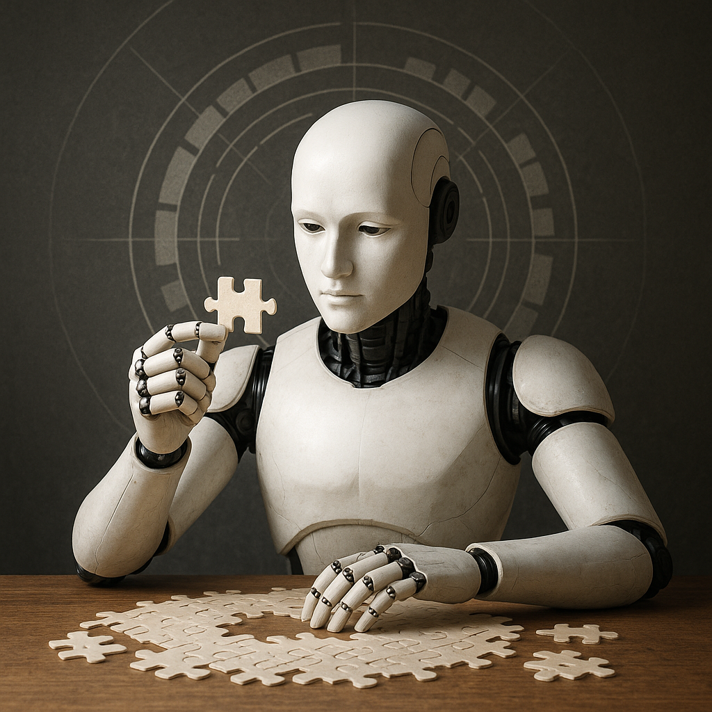 An image of a humanoid robot with a partially assembled puzzle in front of him, closely examining one of the puzzle pieces, which symbolically represents context