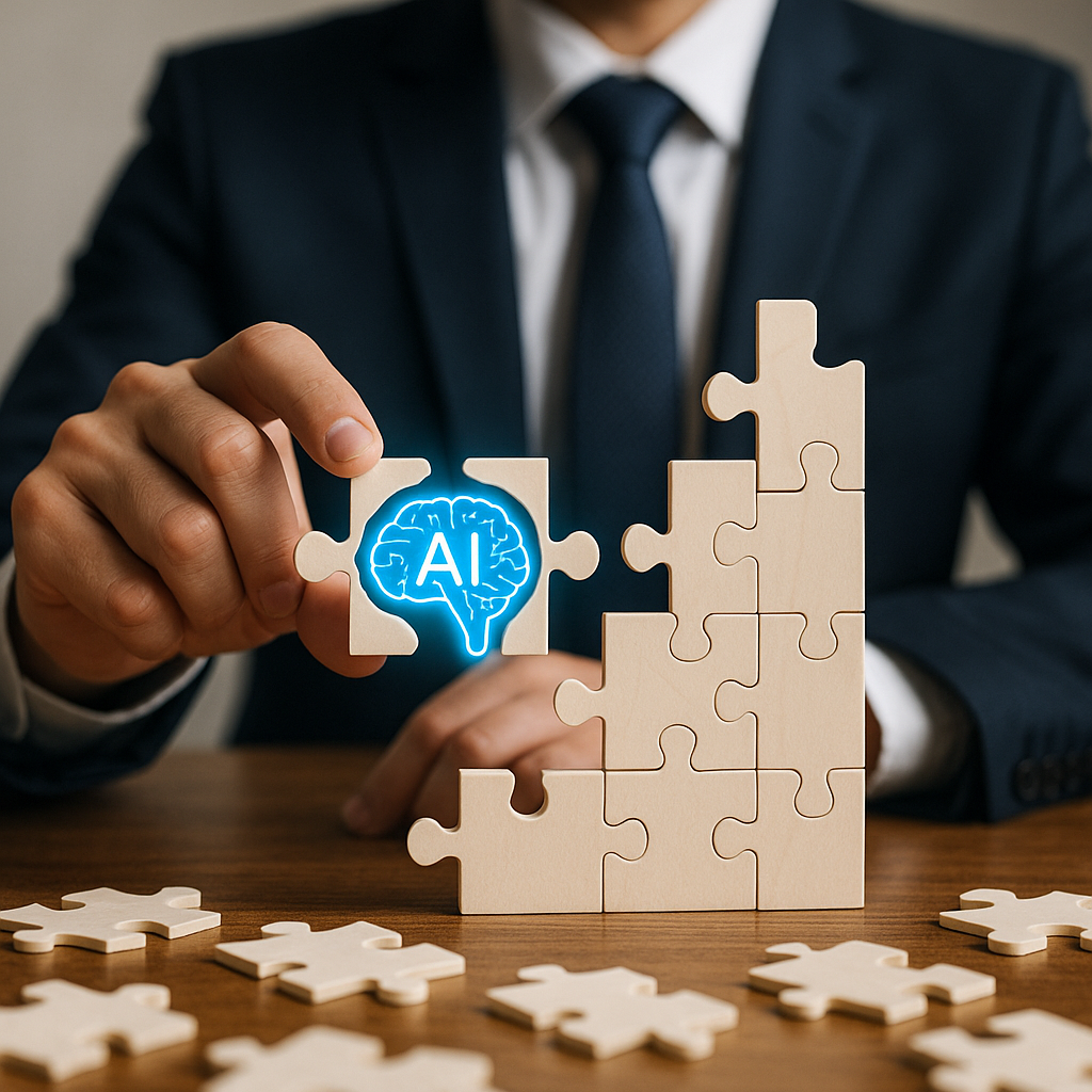 A businessman assembling a puzzle in which AI appears prominently on one of the pieces he is holding in his finders.