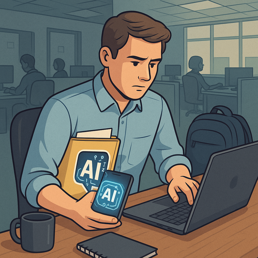 A man in his office cubicle at his laptop and holding several symbolic AI tools in his arm that he is bringing to work